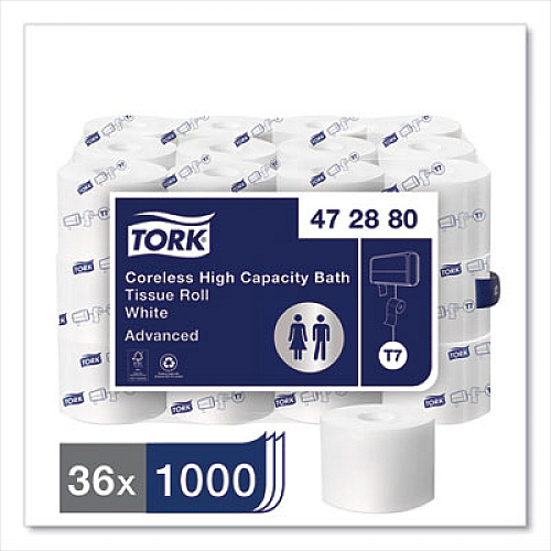 Tork Advanced High Capacity Bath Tissue, Coreless, Septic Safe, 2-Ply, White, 1,000 Sheets/Roll, 36 Rolls/Carton (472880)
