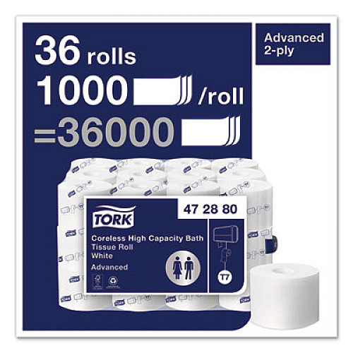 Tork Advanced High Capacity Bath Tissue, Coreless, Septic Safe, 2-Ply, White, 1,000 Sheets/Roll, 36 Rolls/Carton (472880)