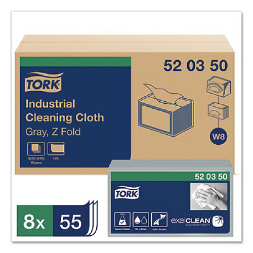 Tork Industrial Cleaning Cloths, 1-Ply, 12.6 x 15.16, Gray, 55/Pack, 8 Packs/Carton (520350)