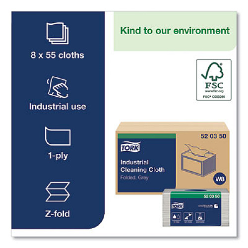 Tork Industrial Cleaning Cloths, 1-Ply, 12.6 x 15.16, Gray, 55/Pack, 8 Packs/Carton (520350)