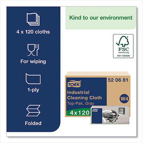 Tork Industrial Cleaning Cloths, 1-Ply, 16.34 x 14, Gray, 120 Wipes/Pack, 4 Packs/Carton (520681)