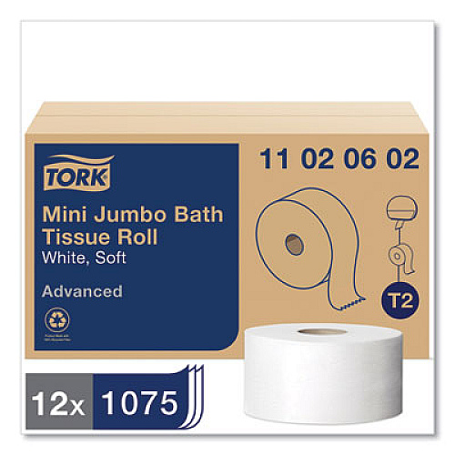 Tork Advanced Jumbo Bath Tissue, Septic Safe, 2-Ply, 3.48" x 751 ft, White, 12 Rolls/Carton (11020602)
