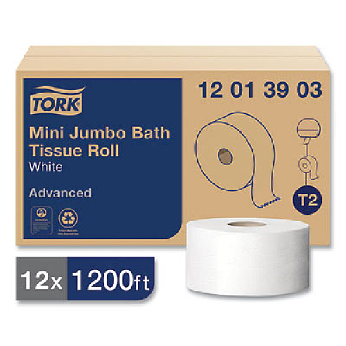 Tork Advanced Jumbo Bath Tissue, Septic Safe, 1-Ply, 3.48" x 1,200 ft, White, 12 Rolls/Carton (12013903)