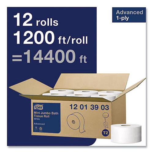 Tork Advanced Jumbo Bath Tissue, Septic Safe, 1-Ply, 3.48" x 1,200 ft, White, 12 Rolls/Carton (12013903)