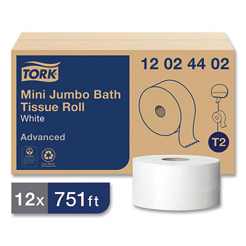 Tork Advanced Mini-Jumbo Roll Bath Tissue, Septic Safe, 2-Ply, 3.48" x 751 ft, White, 12 Rolls/Carton (12024402)