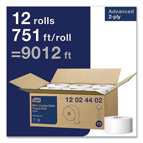 Tork Advanced Mini-Jumbo Roll Bath Tissue, Septic Safe, 2-Ply, 3.48" x 751 ft, White, 12 Rolls/Carton (12024402)