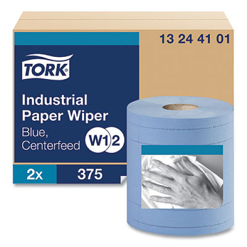 Tork Industrial Paper Wiper, 4-Ply, 11 x 15.75, Unscented, Blue, 375 Wipes/Roll, 2 Rolls/Carton (13244101)
