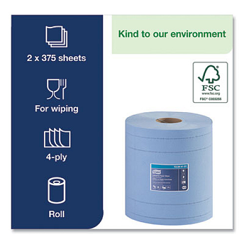 Tork Industrial Paper Wiper, 4-Ply, 11 x 15.75, Unscented, Blue, 375 Wipes/Roll, 2 Rolls/Carton (13244101)