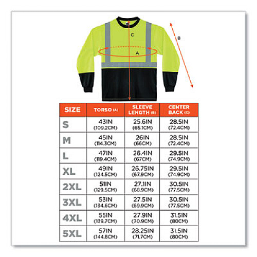 ergodyne GloWear 8291BK Type R Class 2 Black Front Long Sleeve T-Shirt, Polyester, Small, Lime (22702)