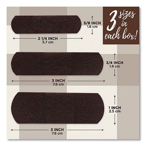 BAND-AID OurTone Adhesive Bandages, BR65, 2.25 x 0.63; 3 x 0.75; 3 x 1, Deep Brown, 30/Pack (119587)