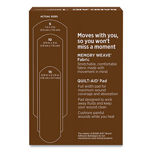BAND-AID OurTone Adhesive Bandages, BR65, 2.25 x 0.63; 3 x 0.75; 3 x 1, Deep Brown, 30/Pack (119587)