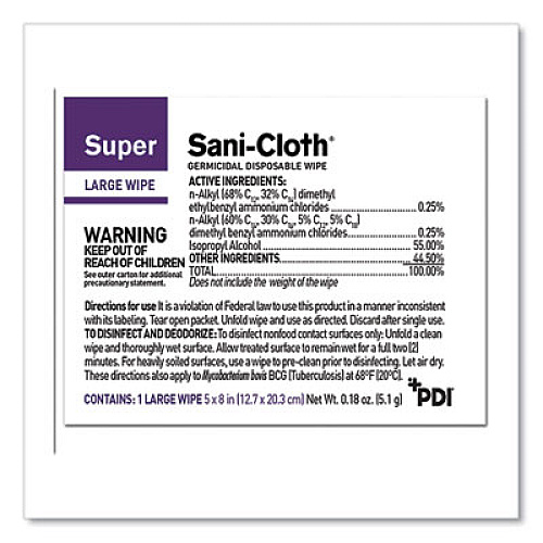 Sani Professional Super Sani-Cloth Individually Wrapped Germicidal Disposable Wipes, Large, 1-Ply, 5 x 8, Unscented, White, 50/Pack (H04082)