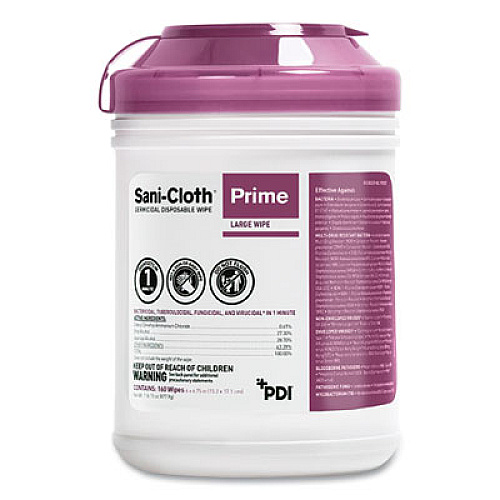 Sani Professional Sani-Cloth Prime Germicidal Disposable Wipes, Large, 1-Ply, 6 x 6.75, Unscented, White, 160/Canister, 12 Canisters/Carton (P25372)