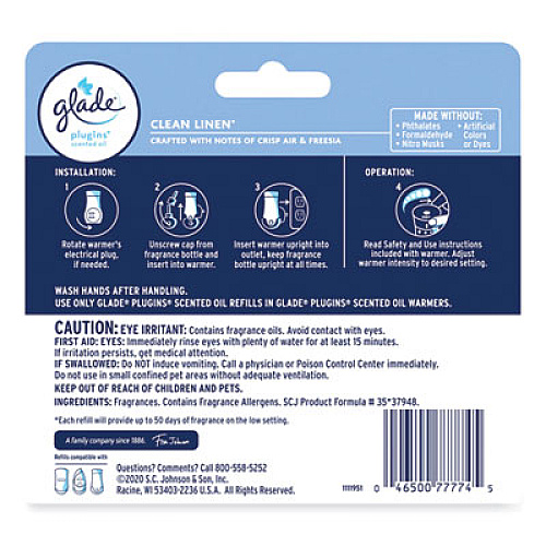 Glade Plugins Scented Oil Refill, Clean Linen, 0.67 oz, 5/Pack (322829)