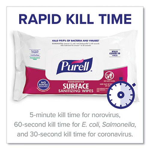 PURELL Foodservice Surface Sanitizing Wipes, 1-Ply, 7.4 x 9, Fragrance-Free, White, 72/Pouch, 12 Pouches/Carton (937112CT)