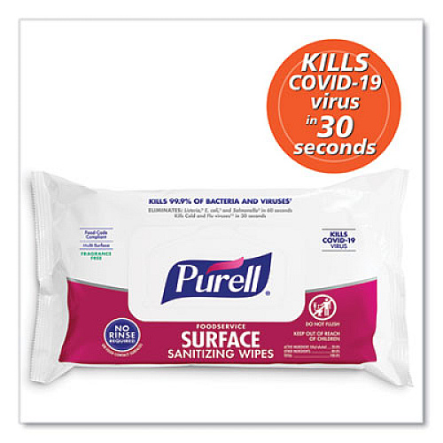 PURELL Foodservice Surface Sanitizing Wipes, 1-Ply, 7.4 x 9, Fragrance-Free, White, 72/Pouch, 12 Pouches/Carton (937112CT)