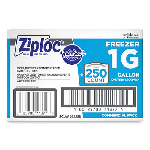 Ziploc Zipper Freezer Bags, 1 gal, 10.56" x 10.75", Clear, 250/Carton (364937)