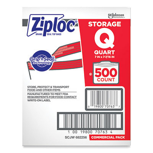 Ziploc Double Zipper Storage Bags, Quart, 7" x 7.75", Clear, 500/Box (364899)