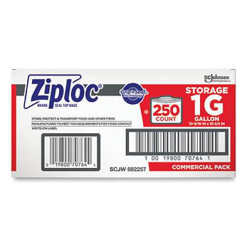 Ziploc Double Zipper Storage Bags, Triple System Seal, Gallon, 10.56" x 10.75", Clear, 250/Box (364948)