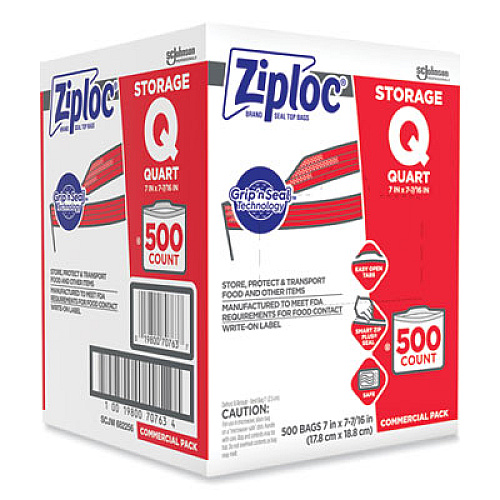 Ziploc Double Zipper Storage Bags, Quart, 7" x 7.75", Clear, 500/Box (364899)