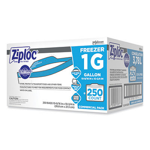 Ziploc Zipper Freezer Bags, 1 gal, 10.56" x 10.75", Clear, 250/Carton (364937)