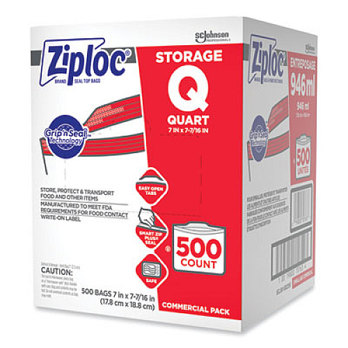 Ziploc Double Zipper Storage Bags, Quart, 7" x 7.75", Clear, 500/Box (364899)