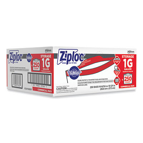 Ziploc Double Zipper Storage Bags, Triple System Seal, Gallon, 10.56" x 10.75", Clear, 250/Box (364948)
