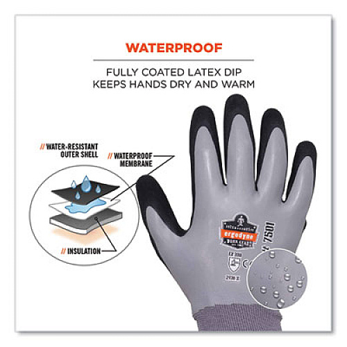 ergodyne ProFlex 7501-CASE Coated Waterproof Winter Gloves, EN388: 2131X, 10" Long, Medium, Gray, 144 Pairs/Carton (17933)