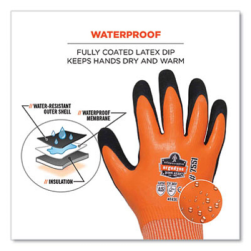 ergodyne ProFlex 7551 ANSI A5 Coated Waterproof CR Gloves, EN388: 4X43E, 11" Long, X-Large, Orange, Pair (17675)