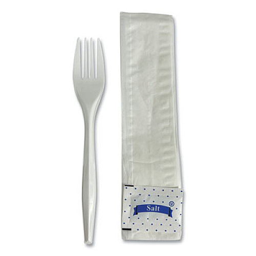 Boardwalk Three-Piece Utensil Set, Fork/Napkin/Salt, Plastic, White, 500/Carton (3KITMW)