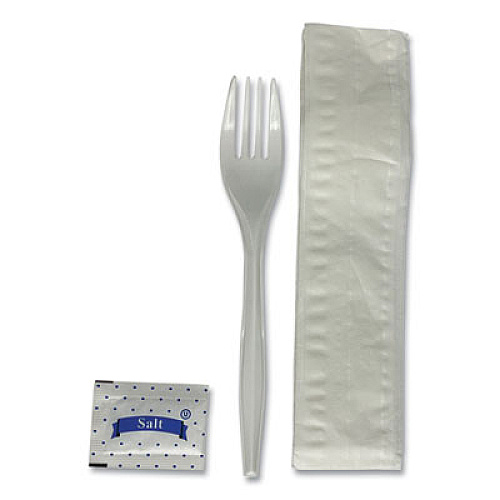 Boardwalk Three-Piece Utensil Set, Fork/Napkin/Salt, Plastic, White, 500/Carton (3KITMW)