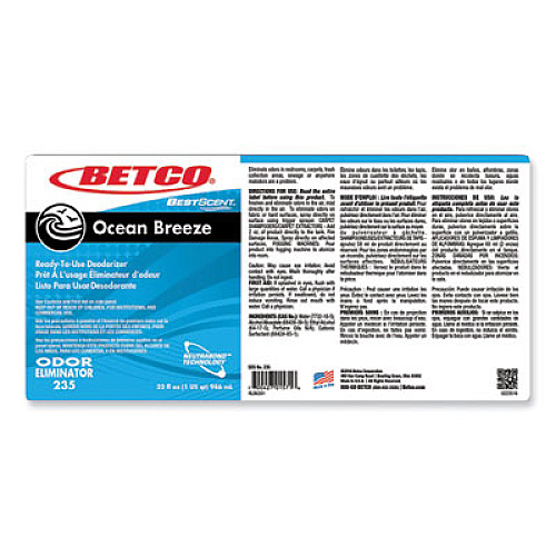 Betco BestScent Ocean Breeze RTU Deodorizer, Ocean Breeze Scent, 32 oz Spray Bottle, 12/Carton (2351200)
