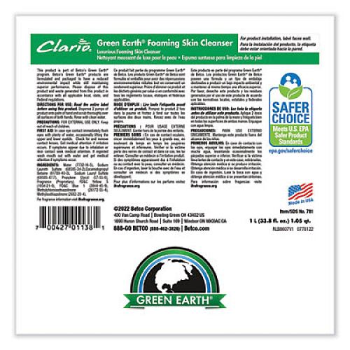 Betco Green Earth Foaming Skin Cleanser Refill, Fresh Meadow Scent, 1,000 mL, 6/Carton (7812900)