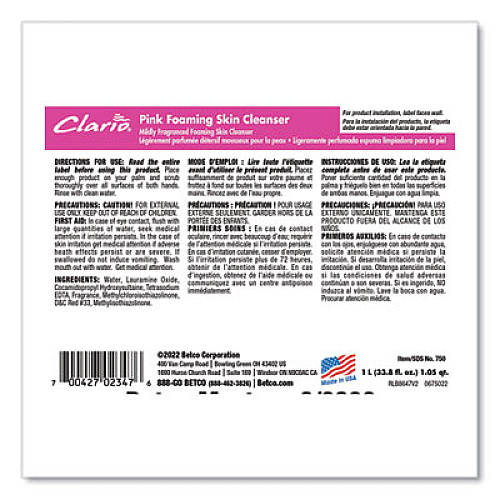 Betco Pink Foaming Skin Cleanser Refill, Fresh Scent, 1,000 mL, 6/Carton (7502900)