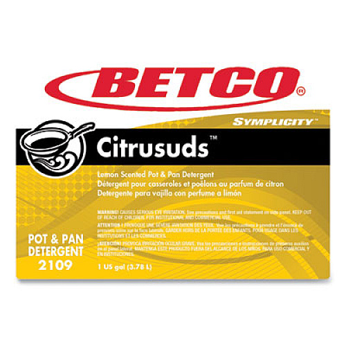 Betco Symplicty Citrusuds Manual Dishwashing Detergent, Lemon Scent, 1 gal Bottle, 4/Carton (21090400)