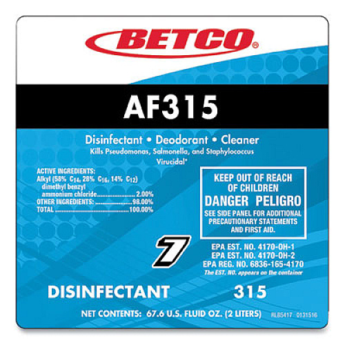 Betco AF315 FastDraw Disinfectant Cleaner, Citrus Floral Scent, 2 L Bottle, 4/Carton (3154700)