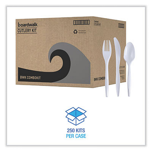 Boardwalk Three-Piece Cutlery Kit, Mediumweight, Fork/Knife/Spoon, Plastic, White, 250/Carton (COMBOKIT)