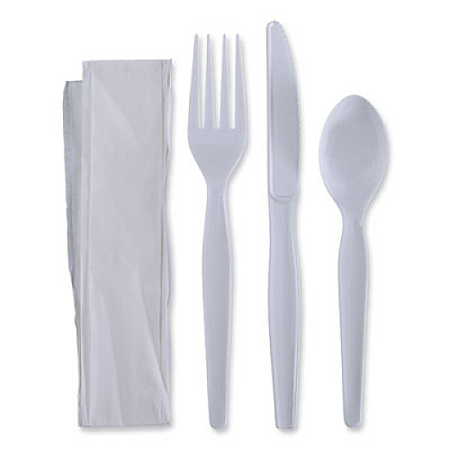 Boardwalk Four-Piece Cutlery Kit, Heavyweight, Fork/Knife/Napkin/Spoon, Plastic, White, 250/Carton (FKTNHWPSWH)