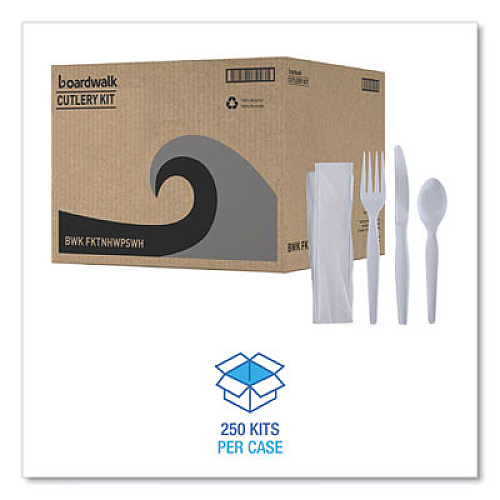 Boardwalk Four-Piece Cutlery Kit, Heavyweight, Fork/Knife/Napkin/Spoon, Plastic, White, 250/Carton (FKTNHWPSWH)
