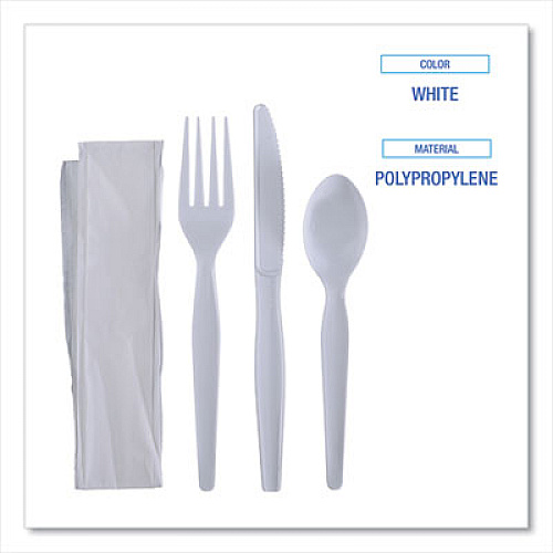 Boardwalk Four-Piece Cutlery Kit, Heavyweight, Fork/Knife/Napkin/Spoon, Plastic, White, 250/Carton (FKTNHWPSWH)