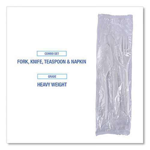 Boardwalk Four-Piece Cutlery Kit, Heavyweight, Fork/Knife/Napkin/Spoon, Plastic, White, 250/Carton (FKTNHWPSWH)
