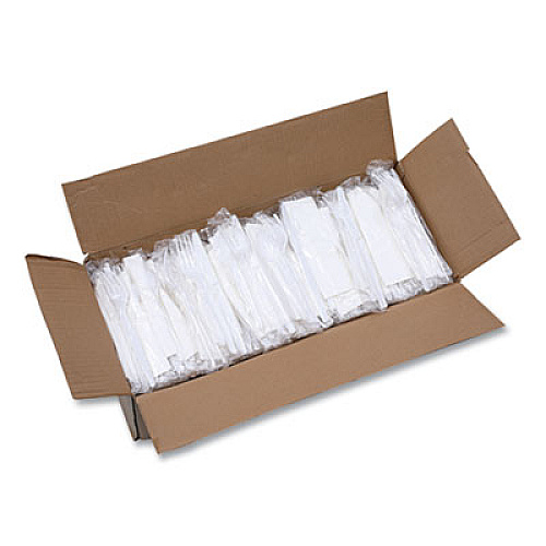 Boardwalk Four-Piece Cutlery Kit, Heavyweight, Fork/Knife/Napkin/Spoon, Plastic, White, 250/Carton (FKTNHWPSWH)