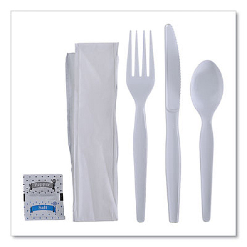 Boardwalk Six-Piece Cutlery Kit, Heavyweight, Fork/Knife/Napkin/Pepper/Salt/Spoon, Plastic, White, 250/Carton (FKTNSHWPSWH)