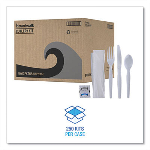 Boardwalk Six-Piece Cutlery Kit, Heavyweight, Fork/Knife/Napkin/Pepper/Salt/Spoon, Plastic, White, 250/Carton (FKTNSHWPSWH)