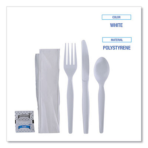 Boardwalk Six-Piece Cutlery Kit, Heavyweight, Fork/Knife/Napkin/Pepper/Salt/Spoon, Plastic, White, 250/Carton (FKTNSHWPSWH)