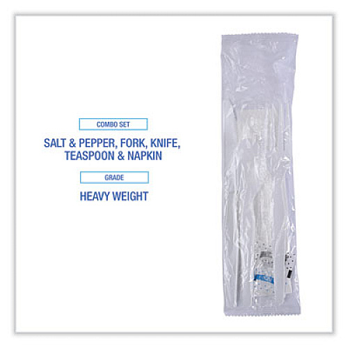 Boardwalk Six-Piece Cutlery Kit, Heavyweight, Fork/Knife/Napkin/Pepper/Salt/Spoon, Plastic, White, 250/Carton (FKTNSHWPSWH)