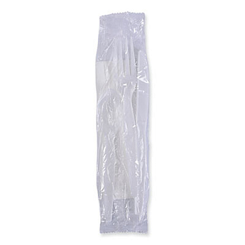 Boardwalk Six-Piece Cutlery Kit, Heavyweight, Fork/Knife/Napkin/Pepper/Salt/Spoon, Plastic, White, 250/Carton (FKTNSHWPSWH)