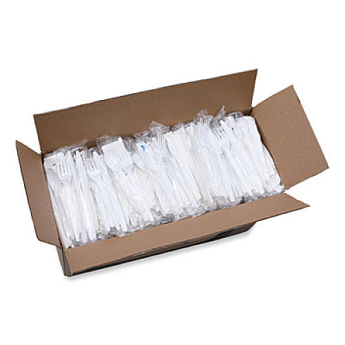 Boardwalk Six-Piece Cutlery Kit, Heavyweight, Fork/Knife/Napkin/Pepper/Salt/Spoon, Plastic, White, 250/Carton (FKTNSHWPSWH)