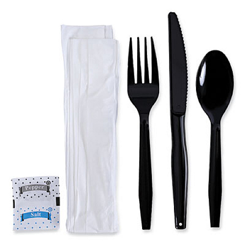 Boardwalk Six-Piece Cutlery Kit, Mediumweight, Fork/Knife/Napkin/Pepper/Salt/Spoon, Plastic, Black, 250/Carton (FKTNSMWPSBLA)