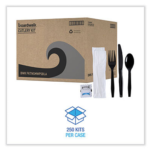 Boardwalk Six-Piece Cutlery Kit, Mediumweight, Fork/Knife/Napkin/Pepper/Salt/Spoon, Plastic, Black, 250/Carton (FKTNSMWPSBLA)